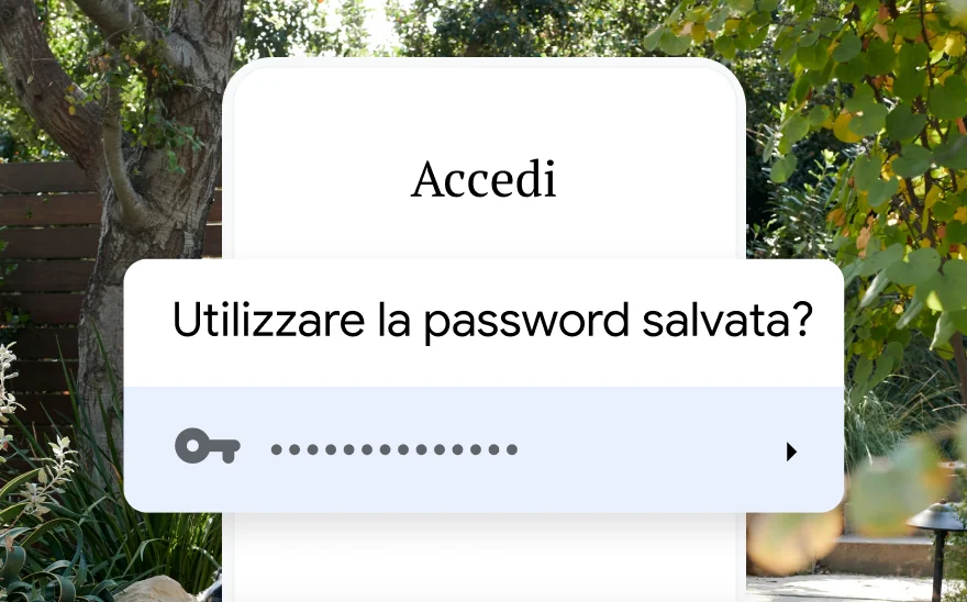 Una pagina di accesso per una prenotazione di viaggio che chiede di usare una password salvata. Sullo sfondo, un paesaggio naturale.