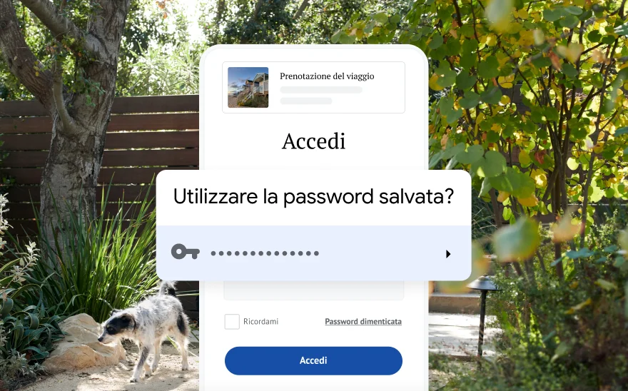 Una pagina di accesso per una prenotazione di viaggio che chiede di usare una password salvata. Sullo sfondo, un paesaggio naturale.